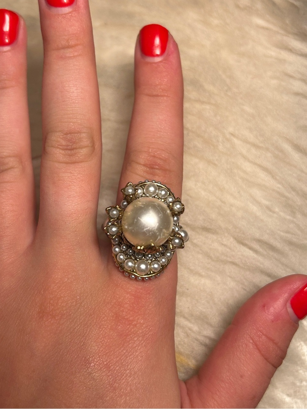 Designer inspired Pearl Cluster Cocktail Ring - Gold Tone